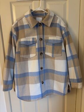 H&M Oversized Plaid Shacket in Blue, Beige & White
